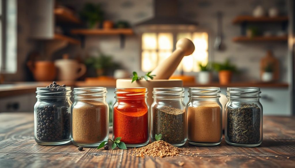 A beautiful still life composition featuring five essential kitchen spices for beginners: ground black pepper, paprika, cumin, garlic powder, and dried oregano. The foreground showcases small glass jars filled with the spices, their vivid colors contrasting against a rustic wooden surface. In the middle, there’s a mortar and pestle, with a few scattered herbs around it, adding to the culinary theme. In the background, softly blurred, a cozy kitchen setting is visible, with warm, inviting light coming from a nearby window, creating a homey atmosphere. The scene is shot from a slightly elevated angle, allowing for a dynamic yet organized view. The overall mood is warm and inspiring, encouraging beginners to explore their cooking journey.