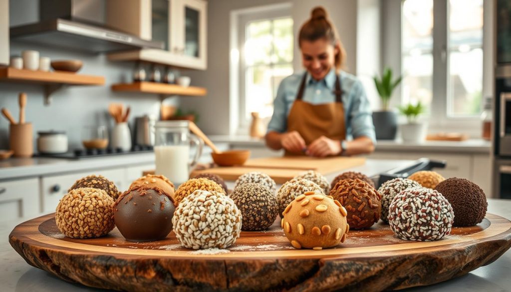 A beautifully arranged display of gourmet brigadeiros in an elegant home kitchen setting. In the foreground, several artisan brigadeiros, coated with various toppings such as crushed nuts, sprinkles, and cocoa powder, are artfully placed on a rustic wooden platter. In the middle ground, a sleek countertop with ingredients like chocolate, condensed milk, and decorative sugar is visible, hinting at the preparation process. In the background, soft natural light streams through a window, creating a warm and inviting atmosphere. A person in professional attire, focused on making brigadeiros, can be seen working diligently, with a smile reflecting their passion. The scene captures the essence of entrepreneurship and the joy of creating gourmet treats for sale, emphasizing a vibrant and inspiring mood.