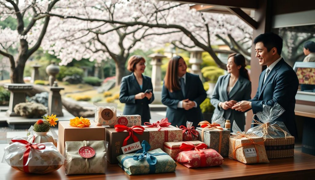 A beautifully arranged display of traditional Japanese omiyage presents, showcasing a variety of regional delicacies and crafts, placed on a wooden table. In the foreground, delicately wrapped gifts featuring colorful furoshiki cloths, some adorned with beautiful patterns, reflect intricate Japanese artistry. The middle ground features a small group of elegantly dressed individuals in modest business attire engaged in conversation, with smiles and gestures of giving, symbolizing the importance of gift exchange in social relationships. In the background, a serene Japanese garden with cherry blossoms and stone lanterns adds a tranquil atmosphere. Soft, natural lighting filters through the trees, enhancing the warmth and friendliness of the setting, evoking a sense of community and connection. The angle is slightly elevated, offering a comprehensive perspective of the scene.