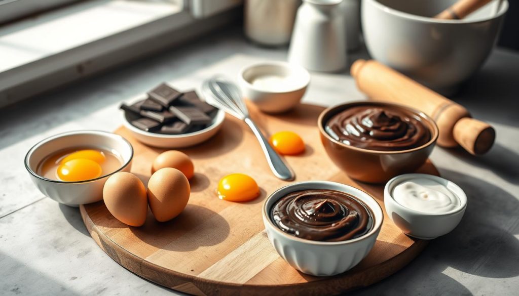 A beautifully arranged flat lay of ingredients for a creamy chocolate cake with just three ingredients. The foreground features elegant bowls filled with rich dark chocolate, fresh eggs, and smooth cream. In the middle, a rustic wooden board showcases a small whisk and a spatula, hinting at the preparation process. The background includes soft-focus kitchen elements like a mixing bowl and a rolling pin, creating a cozy, inviting atmosphere. Natural light streams in from a nearby window, casting gentle shadows and highlighting the textures of each ingredient. The overall mood is warm and homely, inspiring a sense of simplicity and indulgence in baking.