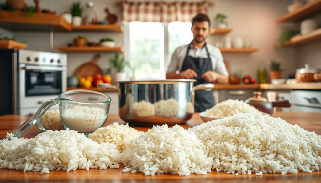 A beautifully arranged kitchen countertop showcasing a variety of common mistakes made while cooking rice. In the foreground, close-up views of poorly cooked rice: some clumpy and overcooked, others undercooked and hard. A measuring cup spills excess water, and a burnt pot is partially visible. In the middle ground, a kitchen scene with an attentive chef in a modest casual outfit, demonstrating the correct technique with a pot of perfectly fluffy rice. The background features a cozy kitchen filled with warm, natural light streaming through a window, highlighting colorful ingredients like herbs and spices. The atmosphere is inviting and educational, emphasizing the importance of cooking rice correctly.