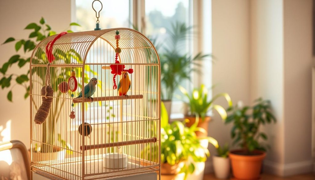 A beautifully crafted birdcage, or "gaiola," designed for a parrot, stands in a bright, sunny room. In the foreground, the cage is adorned with colorful toys, perch branches, and a small water dish, showcasing a vibrant atmosphere for the bird. In the middle, the cage is surrounded by lush greenery, with potted plants that create a natural, friendly environment. The background features a window letting in warm sunlight, illuminating the scene with soft, golden light, casting gentle shadows across the room. The mood is cheerful and nurturing, reflecting a safe haven for a young parrot, ideal for its growth and happiness. The focus is sharp on the gaiola, with a shallow depth of field blurring the background slightly to emphasize the main subject.