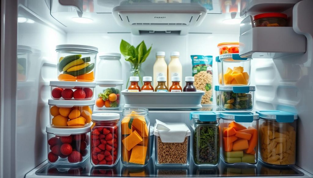 A beautifully organized refrigerator interior showcasing a variety of clear storage containers, neatly arranged. In the foreground, focus on stackable glass and plastic jars of different sizes filled with colorful fruits, vegetables, and snacks. In the middle, include a set of matching trays holding condiments and small packages, enhancing the overall organization. The background should feature the fridge lights softly illuminating the contents, emphasizing cleanliness and freshness. Use bright, natural lighting to create an inviting atmosphere. Capture the scene from a slightly angled overhead perspective, showcasing the contents in an aesthetically pleasing layout, evoking a sense of simplicity and efficiency in food storage.