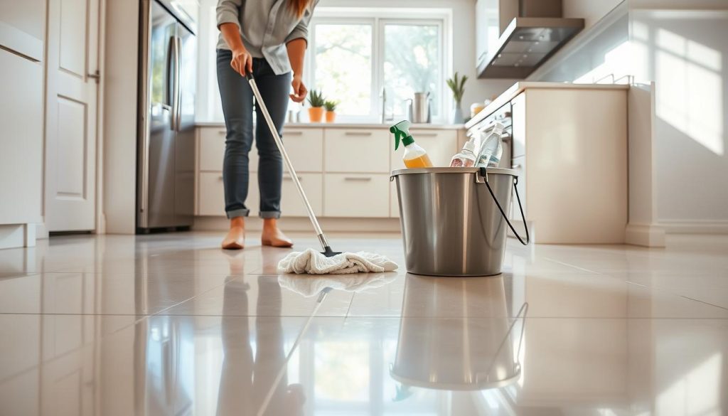 A bright, modern kitchen featuring a polished porcelain tile floor. In the foreground, a professional wearing modest casual clothing gently wipes the floor with a microfiber cloth, demonstrating the cleaning technique. The middle ground includes a sleek bucket filled with cleaning solution and additional cleaning tools, while a shining kitchen counter with neatly arranged cleaning supplies is visible in the background. Soft, natural light streams through a large window, casting gentle reflections on the porcelain tiles, enhancing the shine. The overall atmosphere is fresh and inviting, showcasing the elegance of clean porcelain flooring. The camera angle is slightly low, capturing the action effectively and emphasizing the pristine condition of the tiles.