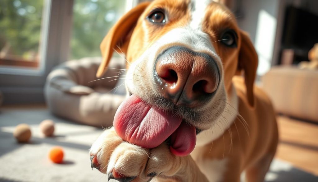 A close-up of a dog intensely licking its own paw, showcasing its tongue's texture and the shiny, well-groomed fur of its leg. The dog's face is expressive, with a curious glint in its eyes, set against a soft-focus home environment that suggests warmth and comfort. The lighting is natural, filtering in from a nearby window, creating gentle shadows and highlights that emphasize the dog's features. In the background, a cozy living space is hinted at, with a plush dog bed and a few toys scattered, illustrating a nurturing environment. The mood is peaceful and endearing, reflecting the bond between the dog and its home. No text or distractions present.