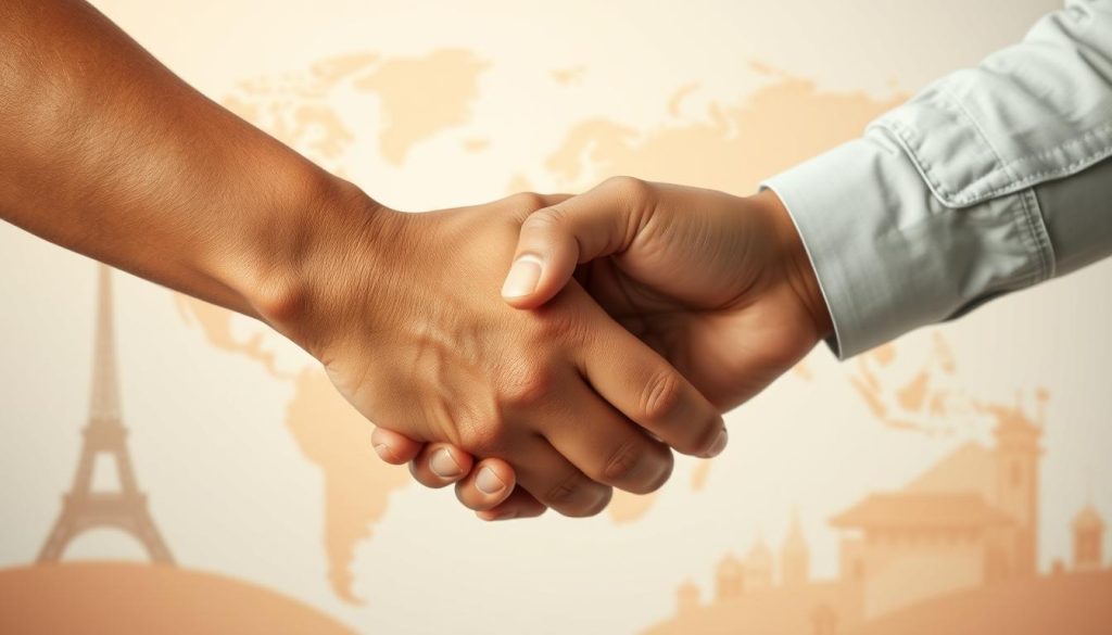 A close-up of two diverse hands engaging in a handshake, symbolizing cultural differences in greetings around the world. The foreground features a warm, inviting tone with a rich, textured skin color that reflects various ethnicities. The middle ground captures the gentle connection between the hands, highlighting details like the energy of the grip and subtle variations in hand positioning. In the background, a soft focus of abstract global landmarks, such as the Eiffel Tower and the Great Wall of China, alludes to international cultures. The lighting is soft and diffuse, creating a harmonious and respectful atmosphere. The image should convey warmth, respect, and the significance of cultural understanding through handshakes, suitable for a formal article.