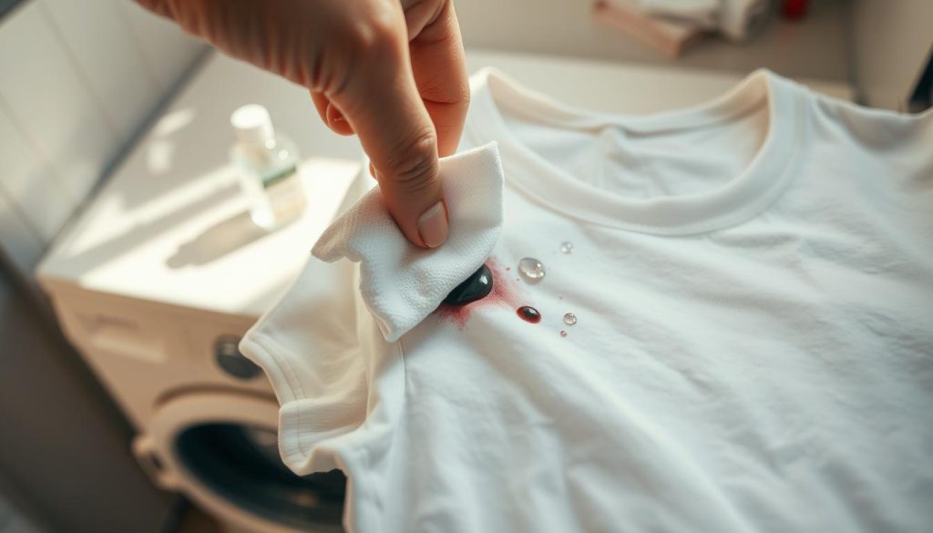 A close-up scene capturing the practical process of removing a pen stain from a piece of white clothing. In the foreground, a hands-on approach is emphasized, with a person's hand gently blotting the affected area of the fabric using a clean cloth soaked in a stain remover. The background features a well-lit, tidy laundry space with a bottle of stain remover prominently placed on a countertop, and a few droplets of water sparkling in the light. Natural light streams in through a nearby window, creating a soft, warm atmosphere. The image is shot from a slight overhead angle to give an intuitive view of the action, focusing on the fabric's texture and the contrast between the white clothing and the dark ink stain.