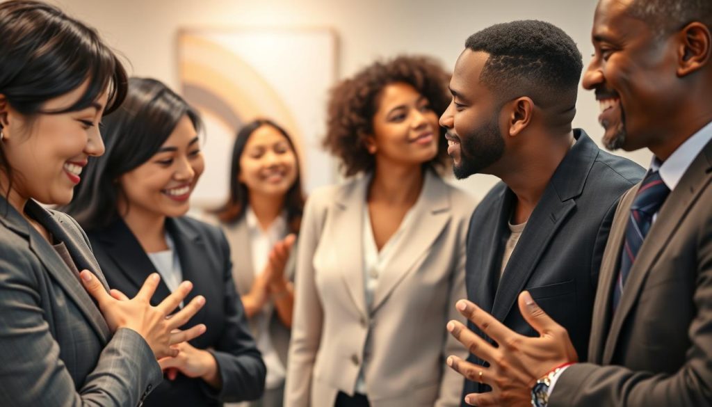 A close-up scene illustrating various global greeting gestures in a professional context, showcasing a diverse group of people representing different cultures. In the foreground, two individuals—one Asian woman in a business suit performing a traditional bow and another Middle-Eastern man in a smart casual outfit greeting with a hand over the heart—are interacting with warm smiles. In the middle ground, a Hispanic woman is seen offering a cheek kiss to an African man, both dressed in professional attire. The background features subtle hints of an office environment, with soft-focus elements such as a desk and abstract artwork. The lighting is bright yet warm, conveying a welcoming atmosphere that emphasizes connection and mutual respect among different cultures. The camera angle is slightly above eye level, capturing the gestures clearly while highlighting the emotions involved.