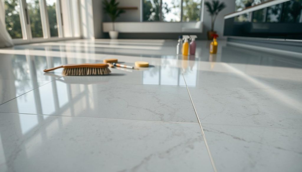 A close-up view of a beautifully polished porcelain floor, featuring a distressed area where cleaning errors are apparent. In the foreground, a sparkling clean section contrasts with a dull, streaked area that highlights common mistakes in porcelain cleaning. The middle section showcases various cleaning products, such as improper brushes and harsh chemicals, arranged aesthetically around the floor, emphasizing their negative impact. The background includes a soft-focus view of a modern, stylish room with natural light filtering through large windows, casting gentle shadows on the floor. The atmosphere is serene yet cautionary, urging proper care for porcelain surfaces. The image should be shot from a low angle, using a wide-angle lens to capture the depth and texture of the floor.