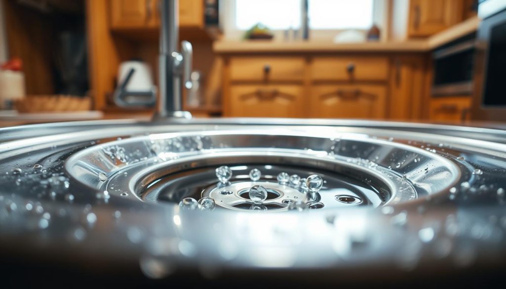 A close-up view of a blocked kitchen sink drain, showcasing the accumulation of food particles and grease causing the blockage. The foreground features a shiny stainless steel sink with droplets of water glistening under bright overhead lighting. In the middle, the drain is surrounded by a few bubbles and a small pool of stagnant water that reflects the light. The background is a cozy kitchen environment, with wooden cabinets and clean countertops, creating a warm and inviting atmosphere. Capture the urgency of a home maintenance issue, emphasizing the significance of addressing plumbing problems effectively. Use a soft focus effect on the background to draw attention to the sink while maintaining a well-lit scene that evokes a sense of cleanliness and order.