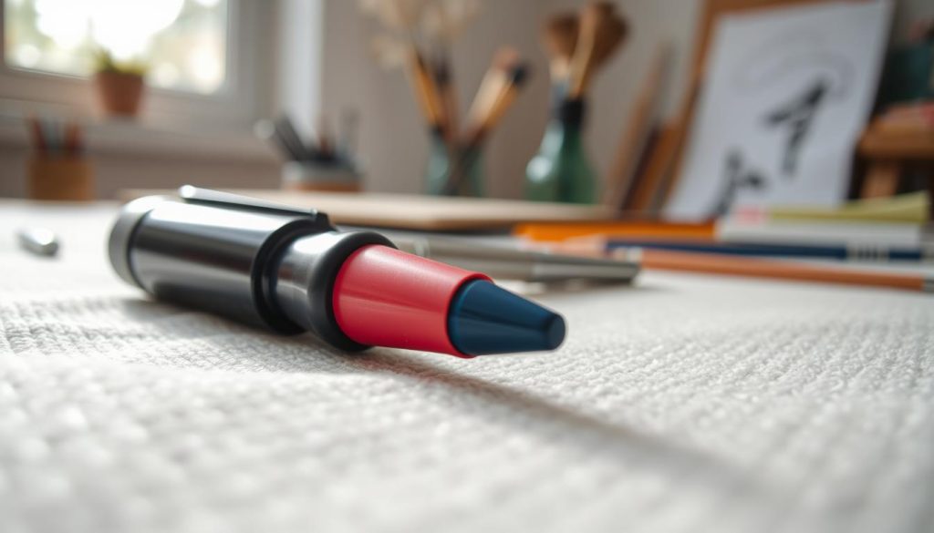 A close-up view of a colorful fabric marker ("caneta tinta tecido") lying on a piece of white fabric, showcasing the vivid ink on the textured surface. The fabric has a soft woven pattern, with subtle shadows and highlights accentuating its fibers. In the background, there is a blurred workspace suggesting a creative environment, with faint hints of art supplies like brushes and sketch pads. The scene is well-lit with natural daylight streaming in from a window, creating a warm and inviting atmosphere. The camera angle is slightly tilted to create dynamic composition, focusing on the marker and the fabric's interaction, evoking a sense of creativity and artistic expression.