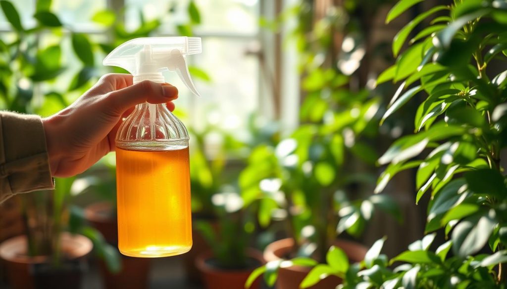 A close-up view of a person in modest casual clothing spraying a homemade vinegar insect repellent in a lush indoor garden setting. The foreground features a clear glass spray bottle filled with a light brown liquid, glistening in the natural light. The vibrant green leaves of potted plants are in sharp focus, while soft bokeh effects blur the background, accentuating the tranquility of the space. Sunlight filters through a nearby window, casting gentle shadows and creating a warm, inviting atmosphere. The overall mood is fresh and natural, emphasizing the homemade aspect of the repellent in a cozy, serene environment.