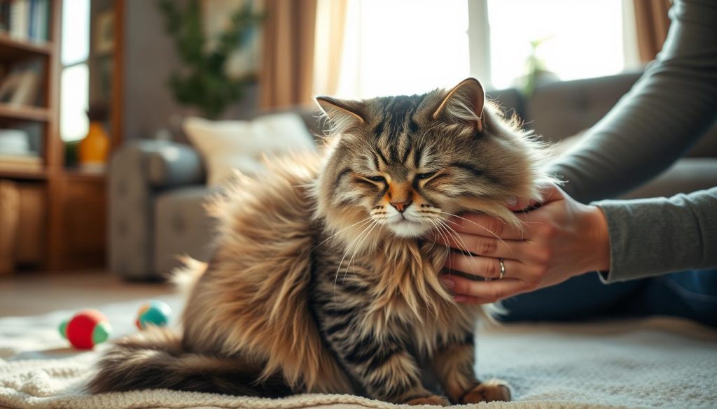 A concerned pet owner gently examines a fluffy, gray tabby cat, showcasing signs of discomfort. The cat's body language indicates unease, with its ears slightly back and eyes half-closed, placed in a cozy living room setting. Foreground features the owner's caring hands touching the cat's back to provide comfort. In the middle, the cat sits on a soft blanket, surrounded by a few toys, while in the background, a window lets in warm, natural light creating a serene atmosphere. The lighting is soft and inviting, casting gentle shadows, enhancing the cozy feel of the space. The mood is sympathetic, capturing the tender moment of seeking to understand the cat's pain.