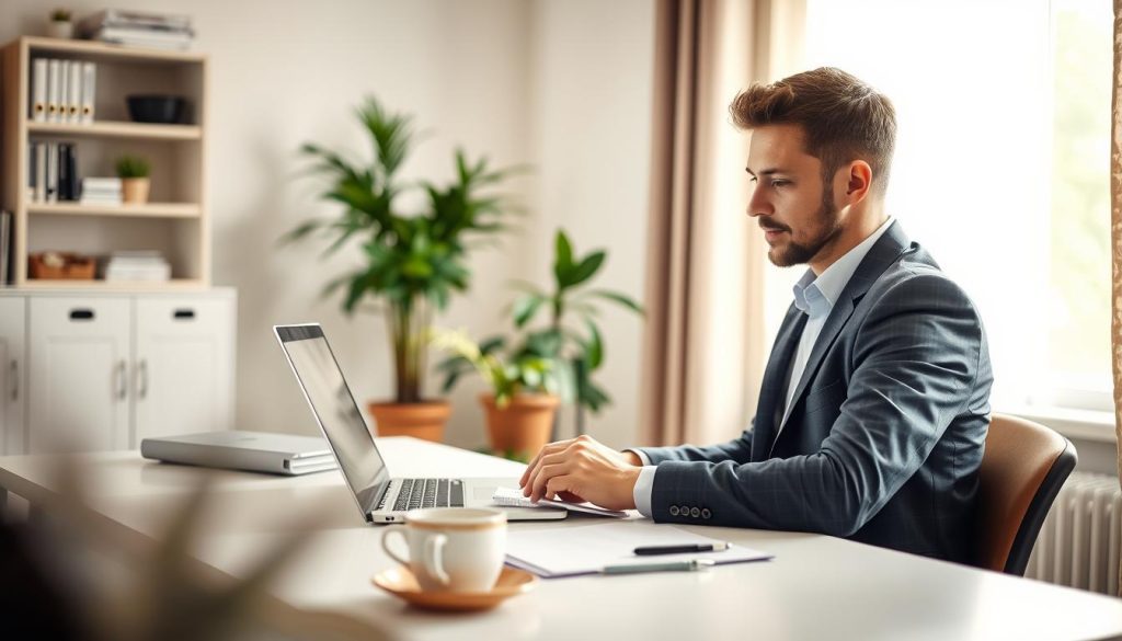 A cozy home office setting featuring a professional looking individual preparing for a virtual job interview. In the foreground, a well-dressed person sits at a clean desk with a laptop open, focused and taking notes. The individual should be in business attire, conveying professionalism and confidence. In the middle, emphasize the details of the workspace, including a potted plant and a cup of coffee, creating an atmosphere of calm and preparation. The background should hint at a window with soft natural light pouring in, enhancing an inviting ambiance. The mood of the image is serene yet focused, reflecting the importance of preparation for an online job interview. The overall shot should be captured from a slightly angled perspective, giving depth to the workspace while keeping the subject in sharp focus.