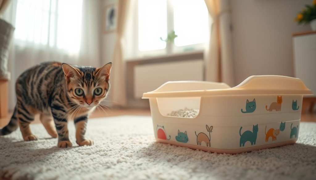 A cozy indoor setting featuring a playful tabby cat approaching a clean, attractive litter box. In the foreground, the cat, with its big, curious eyes, is sniffing the edge of the litter box filled with fresh, fine-grained litter. In the middle ground, the litter box is brightly colored with cute cat-themed designs, placed on a soft rug. The background shows a sunny window with sheer curtains, allowing gentle natural light to illuminate the scene, creating a warm and welcoming atmosphere. The overall mood is playful and informative, emphasizing the cat's curiosity. The angle of the shot is slightly above eye level, capturing the cat's perspective towards the litter box.