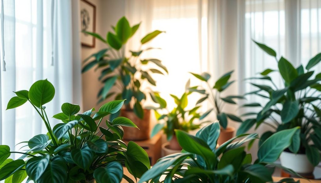 A cozy indoor setting showcasing a variety of houseplants adapted to different lighting conditions, reflecting the themes of low light, indirect light, and direct sunlight. In the foreground, place lush green plants like snake plants and pothos on a wooden table, their leaves glistening in soft, diffused natural light. In the middle, transition to a bright corner bathed in sunlight, featuring a vibrant monstera and a blooming peace lily, highlighting their vibrant colors. In the background, a window draped with sheer curtains lets in gentle ambient light, creating a warm and inviting atmosphere. The overall mood is tranquil and refreshing, evoking a sense of greenery thriving in harmony with the indoor environment. Use a soft focus lens effect to enhance the peaceful ambiance.