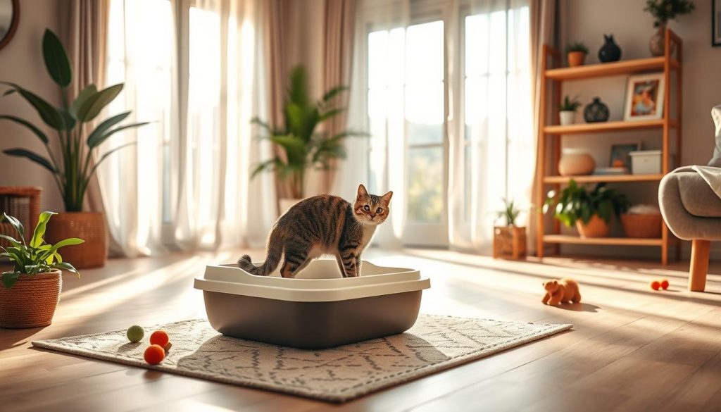 A cozy indoor space showcasing an ideal location for a cat litter box. In the foreground, a clean, modern litter box is placed on a stylish mat, surrounded by calming plants and a few scattered toys. The middle ground features a cheerful cat curiously investigating the litter box, highlighting its purpose. The background reveals a bright, airy room with soft natural light streaming through large windows, filter through sheer curtains, casting gentle shadows. The warm color palette creates a welcoming atmosphere, while a decorative shelf with cat-related items adds a personal touch. The scene exudes comfort and encourages responsible pet ownership, emphasizing the importance of placement in the home.