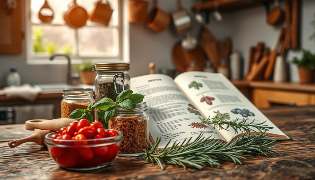 A cozy kitchen scene showcasing a variety of essential cooking spices and herbs arranged thoughtfully on a rustic wooden countertop. In the foreground, a small bowl of vibrant red paprika, a jar of fragrant basil, and sprigs of fresh rosemary create a colorful display. In the middle, an open cookbook lies open, highlighting a recipe page with illustrations of spices, enhancing the cooking theme. The background features a softly lit kitchen with hanging pots and a window allowing warm natural light to filter in, casting gentle shadows. The mood is warm and inviting, embodying the essence of home cooking and culinary exploration. The composition captures a sense of simplicity and warmth, encouraging viewers to engage with flavors and creativity.