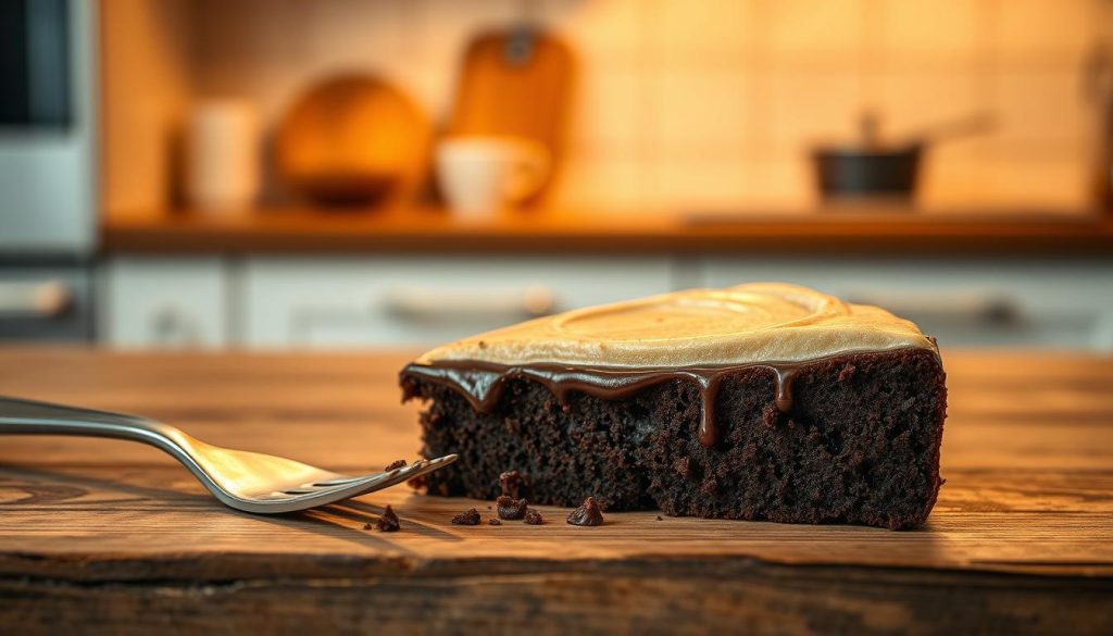 A creamy chocolate cake slice on a rustic wooden table, showcasing its rich, velvety texture without any flour. The foreground highlights the glossy surface of the cake, with a fork resting beside it, capturing droplets of melted chocolate. In the middle, a few crumbs scatter elegantly, emphasizing the softness of the cake. The background features a softly blurred kitchen countertop with warm, inviting lighting that creates a cozy atmosphere. Soft shadows play across the table, enhancing the cake's delectable appeal. The overall mood is indulgent and inviting, appealing to the senses and inviting viewers to experience the scrumptious allure of a flourless dessert.