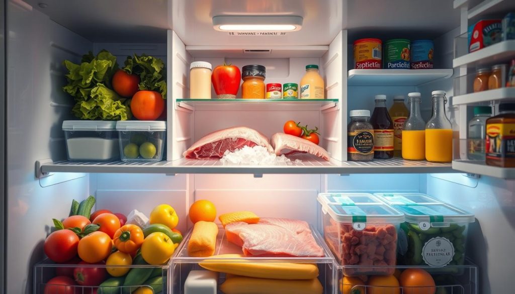 A detailed and organized cross-section of a refrigerator interior, showcasing a clear and colorful layout designed for optimal food storage. In the foreground, neatly arranged compartments display fresh vegetables, fruits, dairy products, and condiments, all labeled for easy identification. The middle section highlights sections for meat and fish, safely placed on ice or in airtight containers. In the background, shelves feature beverages and snacks, all organized to emphasize freshness and accessibility. The lighting is bright and inviting, highlighting the vibrant colors of the food while casting soft shadows that create depth. The overall atmosphere is clean, organized, and efficient, embodying a sense of order and freshness in the kitchen environment.