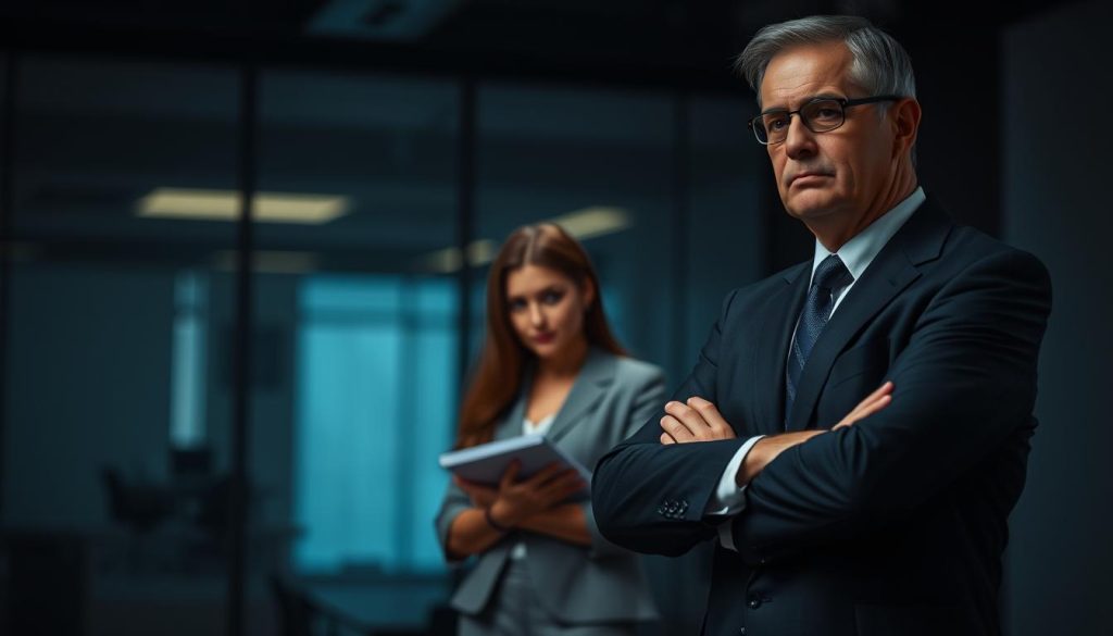 A dimly lit office space, creating an atmosphere of tension and unease. In the foreground, a middle-aged man in professional business attire stands with crossed arms, a subtle smirk on his face, depicting manipulative confidence. His body language is closed off, suggesting he is engaged in strategic distancing. In the middle ground, a young woman in modest business casual attire appears cautious, holding a notebook tightly, symbolizing vulnerability. She glances at the man, her expression wary yet observant. The background features a blurred view of a modern office environment, with large glass windows letting in soft, diffused light. The overall mood is one of psychological tension, illustrating the dynamics of manipulation and the need for strategic distance.