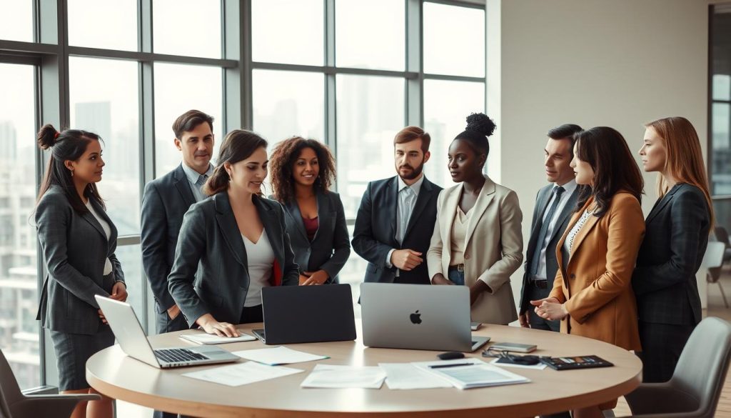 A diverse group of business professionals in a modern office setting, visibly engaged in a discussion. The foreground features a confident leader, a woman in a tailored blazer, encouraging her team, while others, dressed in professional attire, reflect a mix of concern and determination. In the middle, a large round table covered with laptops and paperwork symbolizes collaboration. The background showcases a city skyline through large windows, suggesting openness and opportunity. Soft, natural lighting floods the room, creating an inviting atmosphere. The mood feels supportive and constructive, emphasizing leadership and teamwork in overcoming challenges, with an emphasis on connection and inclusion.