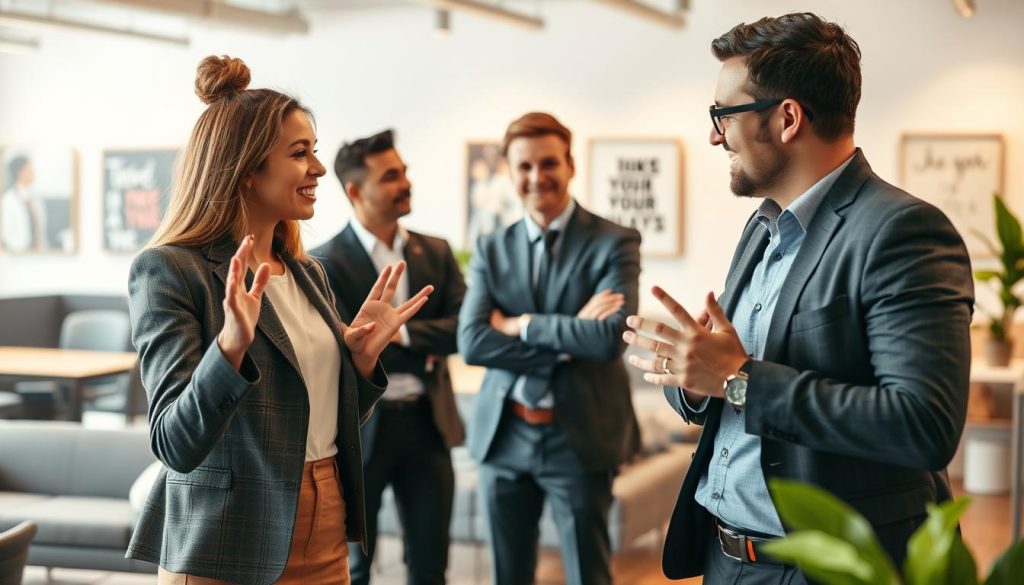 A diverse group of professionals engaged in a dynamic conversation in a modern office setting, showcasing various forms of non-verbal communication. In the foreground, a woman in a business suit gestures emphatically, while a man in smart casual attire nods in understanding, conveying empathy and connection. In the middle, two colleagues exchange meaningful glances, emphasizing the importance of eye contact in communication. The background features a bright, well-lit open office space with sleek furniture and motivational wall art, enhancing the atmosphere of collaboration. Utilize warm, natural lighting to create an inviting mood, with a focus on capturing the subtlety of body language and expressions that impact workplace relationships. The angle should highlight a subtle depth of field, directing attention to the interacting figures.