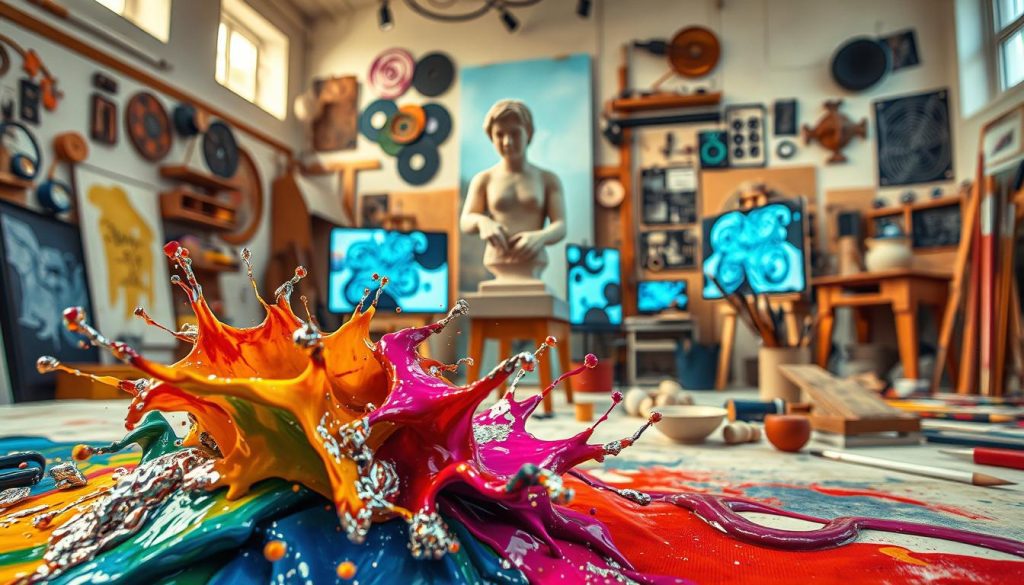 A dynamic composition exploring the intersection of materials and technology in art. In the foreground, showcase a vivid splash of paint mixing with metallic textures, symbolizing modern innovation in artistic techniques. In the middle ground, depict a classic sculpture partially enveloped in digital screens displaying abstract designs, representing the fusion of traditional and contemporary styles. In the background, incorporate an artist’s studio filled with diverse tools, such as brushes, clay, and circuit boards, illuminated by soft, natural light creating a warm atmosphere. Use a wide-angle perspective to enhance depth, capturing the essence of evolution in art through style and technique, evoking a sense of curiosity and creativity.