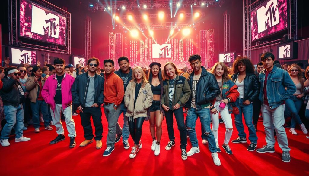 A dynamic scene capturing the essence of the 1990s Video Music Awards, set on a vibrant red carpet. In the foreground, a diverse group of stylishly dressed individuals, including men and women in casual yet fashionable attire—think oversized jackets, colorful sneakers, and bold accessories—pose confidently for the cameras. The middle ground features iconic elements of MTV branding, with large screens displaying music visuals and excitement in the air. The background showcases a cheering crowd, flashing lights, and a dramatic stage setup adorned with neon and metallic decorations, reinforcing the celebratory atmosphere. The image is bathed in warm, dynamic lighting that highlights the vivid colors of the outfits and the energetic vibe of the event. A wide-angle lens captures the grandeur and excitement of this iconic music celebration.