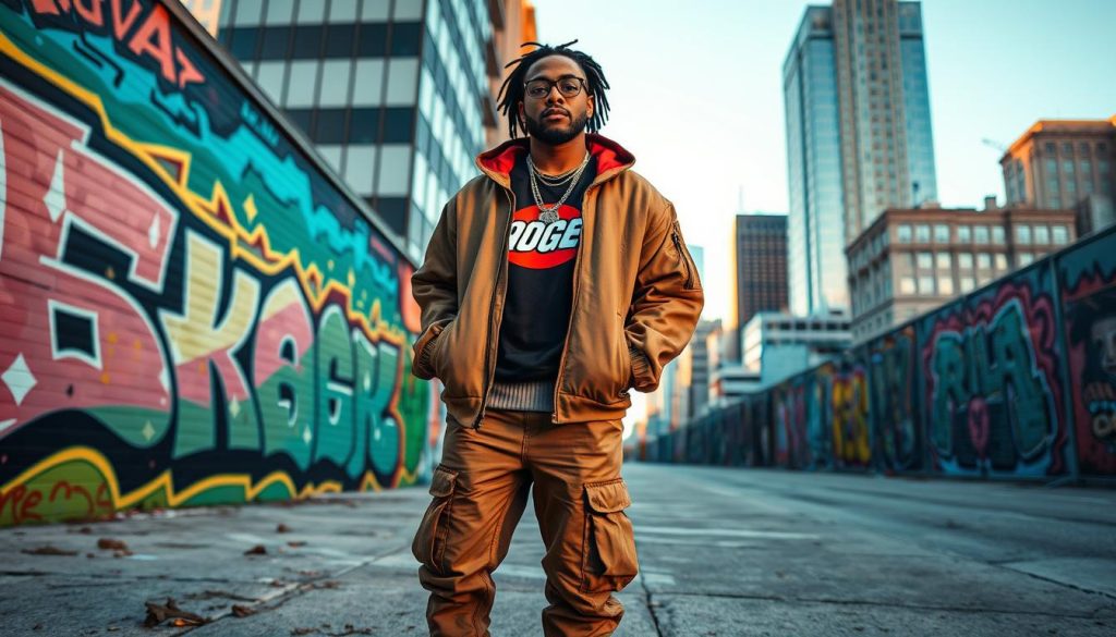 A dynamic urban scene featuring Karl Kani, a prominent figure in hip hop fashion, standing confidently in a stylish streetwear ensemble. He is positioned in the foreground, wearing an iconic oversized jacket and cargo pants, showcasing his brand's signature logo. The middle ground highlights a backdrop of vibrant graffiti art that reflects hip hop culture, with colorful murals and an urban vibe. In the background, city skyscrapers loom under a clear blue sky, giving a sense of place. Soft, natural lighting enhances the scene, with a slight golden hour glow casting shadows to add depth. The mood is empowering and creative, encapsulating the essence of entrepreneurship in hip hop culture.