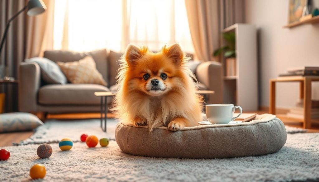 A fluffy, cheerful Spitz Alemão (Pomeranian) sits playfully in a cozy, well-decorated apartment living room. The dog has bright, expressive eyes and a vibrant orange coat that catches the warm, soft light filtering through sheer curtains. In the foreground, there's a plush dog bed with colorful toys scattered around. In the middle ground, a stylish couch adorned with cushions and a coffee table filled with books and a steaming cup of tea creates a welcoming atmosphere. The background features a small bookshelf and a potted plant, adding a touch of greenery to the space. The overall mood is warm and inviting, perfect for illustrating a calm, adaptable dog for apartment living, captured with a focus on the Spitz Alemão's vibrant personality and the serene indoor environment.