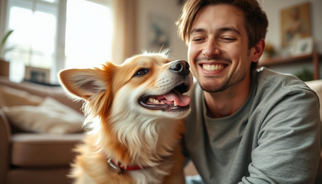 A joyful, medium-sized dog, playfully licking the face of a smiling adult in casual clothing, capturing a moment of affection. The scene is set in a cozy living room, with soft natural light streaming through a window, creating a warm and inviting atmosphere. In the background, there are comfortable furniture and subtle decorations that suggest a homey environment. The dog's fur is well-groomed and fluffy, showcasing a variety of colors. The human's expression is light-hearted and happy, emphasizing the bond between them. The focus is on the interaction between the dog and the person, with a shallow depth of field that blurs the background slightly, enhancing the warmth and intimacy of the moment.