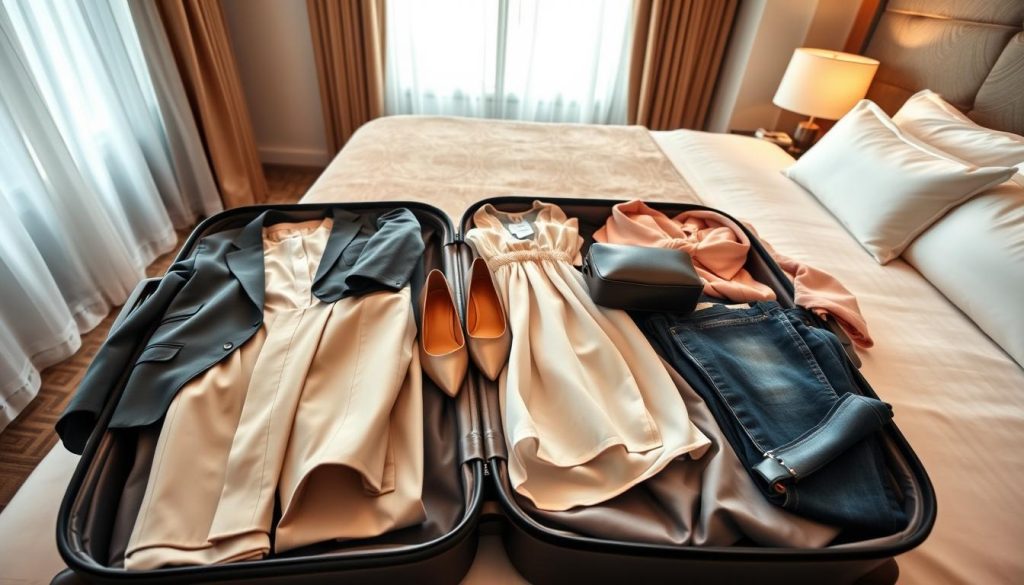 A neatly arranged suitcase partially open on a stylish bed, showcasing versatile travel outfits for a 3-day trip. The foreground features three folded outfits: a casual blazer and slacks, a light sundress, and a comfortable pair of jeans with a chic blouse. In the middle, a pair of smart, neutral-toned shoes and a compact toiletry bag are placed strategically. The background reveals a softly lit hotel room with elegant decor, a window letting in natural light that adds a warm, inviting glow. The overall atmosphere conveys a sense of organization and style, perfect for a weekend getaway. The camera angle is slightly overhead, emphasizing the details of the outfits and accessories.
