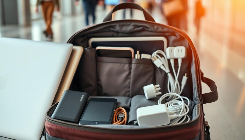 A neatly organized travel bag opened to reveal essential electronics for a three-day trip. In the foreground, showcase a sleek laptop, a compact power bank, a set of wireless earbuds, and a versatile travel adapter with various plug types. In the middle background, display a well-structured packing section with a smartphone, a tablet, and charging cables neatly arranged. The background is a softly blurred airport scene, hinting at a busy travel atmosphere with people casually walking, dressed in smart casual attire. Use warm, inviting lighting to create a sense of readiness and excitement for travel. The composition should feel balanced and informative, drawing attention to the electronic essentials without any distractions or text overlays.
