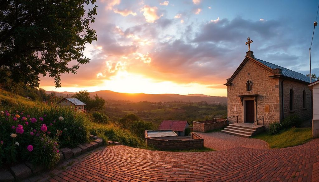 A panoramic view of Grão Mogol, capturing the charming essence of a small town nestled in the heart of the Brazilian sertão. In the foreground, a picturesque cobblestone street leads towards a historic stone church, its façade lit by the warm glow of late afternoon sunlight. To the left, lush greenery with vibrant wildflowers flourishes, hinting at the nearby trails that lead to cascading waterfalls. The middle ground features rolling hills that stretch into the distance, dotted with rustic farmhouses and grazing livestock. The background reveals a dramatic sky painted with hues of orange and purple, suggesting a tranquil sunset. The atmosphere is serene, inviting exploration and a sense of adventure in this hidden gem of Minas Gerais.