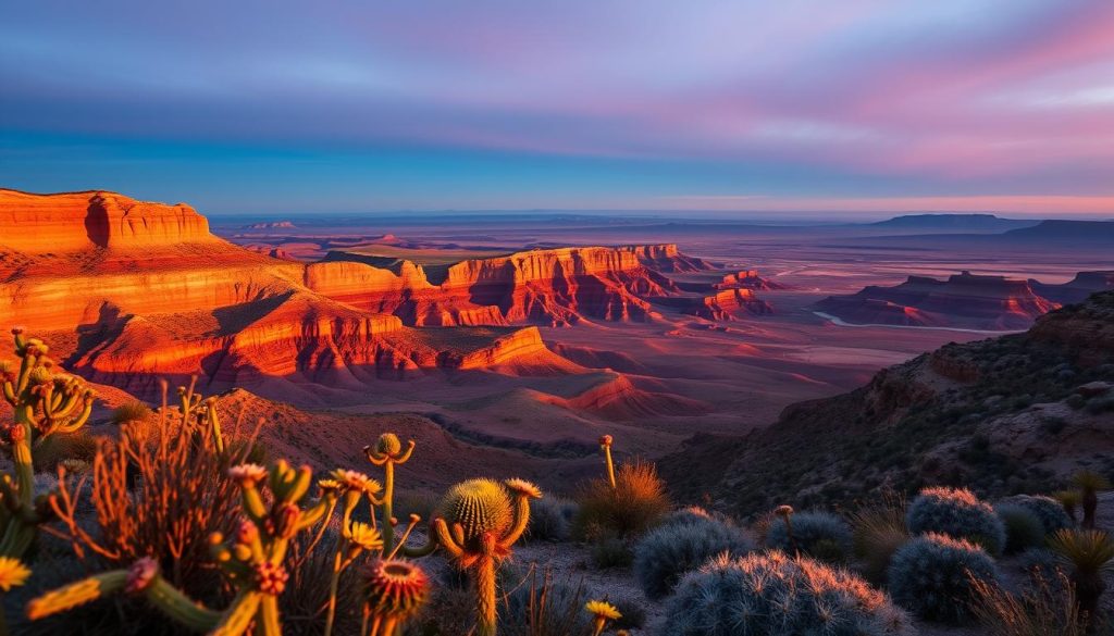 A panoramic view of a sunlit mesa at dusk, casting long shadows across its rugged terrain. In the foreground, delicate desert flora such as cacti and wildflowers thrive, adding vibrant colors to the scene. The middle section features the mesa's steep cliffs, showcasing layers of red and orange sediment that glow in the warm light. In the background, a distant horizon blends into a dusky sky filled with shades of purple and pink, hinting at an approaching sunset. The atmosphere is calm and serene, evoking a sense of reflection and tranquility, perfect for illustrating the concept of mistakes made in business dining etiquette. The lighting is soft and warm, enhancing the natural beauty of the landscape while maintaining a professional and respectful tone.