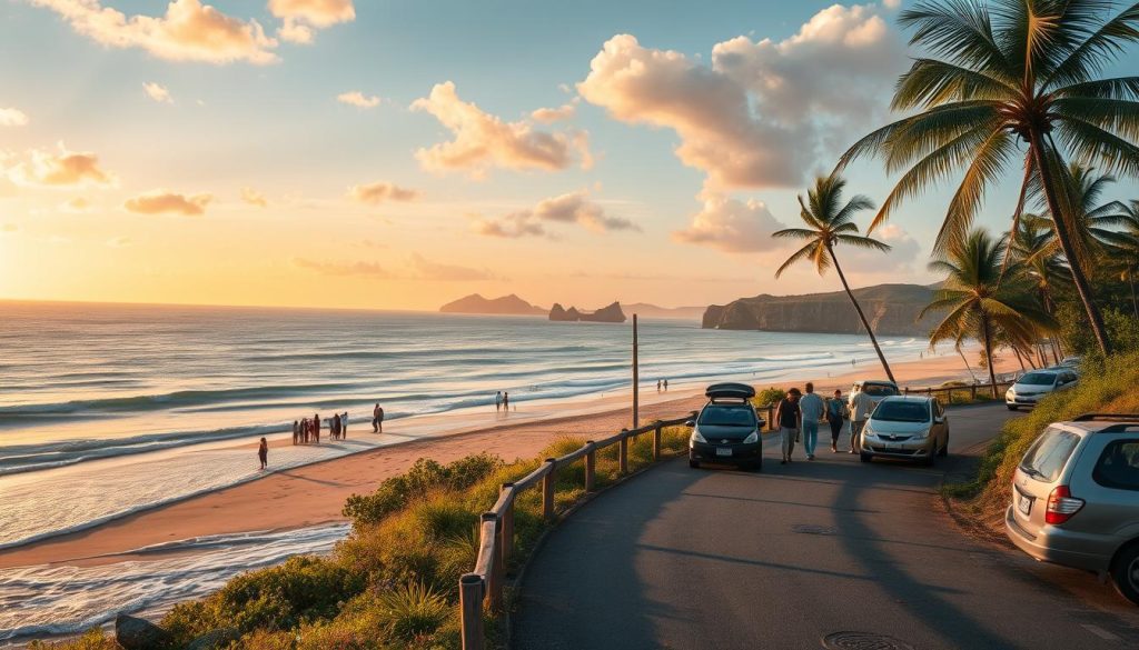 A picturesque coastal route along the Brazilian Northeast, showcasing a sun-kissed beach with gentle waves lapping the shore. In the foreground, a winding road with a few parked cars, hinting at travelers pausing to enjoy the view. Middle ground features a diverse group of modestly dressed families and friends enjoying the beach, capturing the essence of an economical vacation. The background includes lush palm trees swaying in the breeze, with scenic cliffs and distant islands under a vibrant sunset sky, casting warm golden and orange hues. The scene has a bright, inviting atmosphere, emphasizing relaxation and adventure, depicted with a soft focus to enhance its dreamy quality, as if viewed through a wide-angle lens.