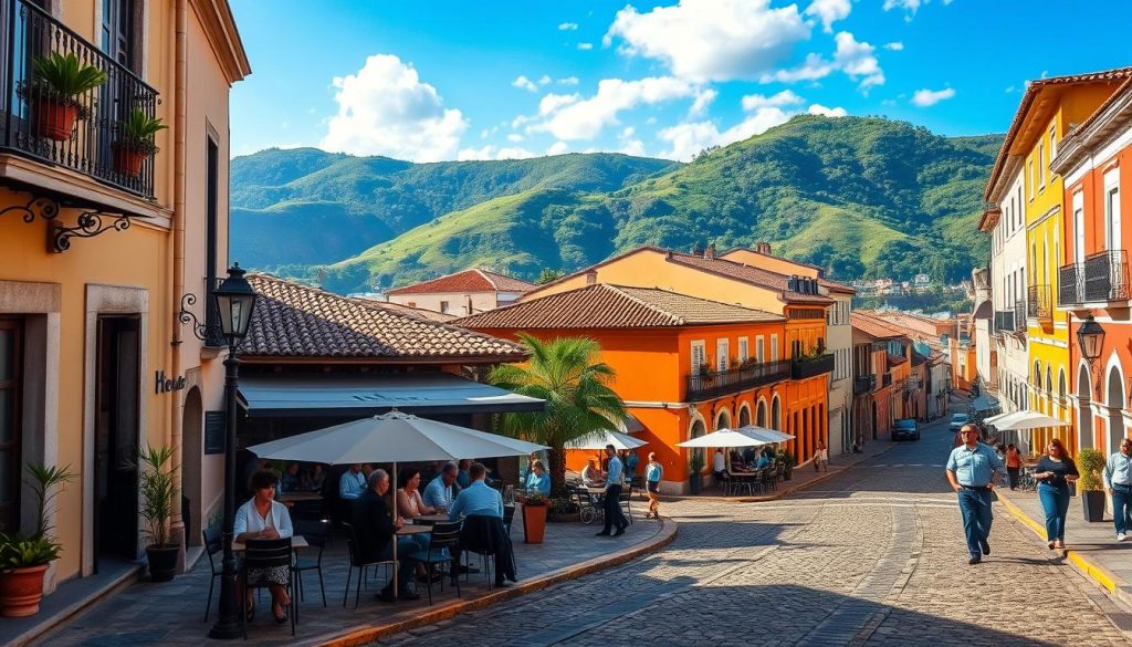 A picturesque travel scene showcasing the historic cities of Brazil that resemble Europe, focusing on the Southeast and South regions. In the foreground, cobblestone streets adorned with colorful colonial buildings and iron balconies lined with potted plants. In the middle ground, quaint cafés with outdoor seating filled with locals and tourists enjoying their coffee, some in professional business attire. The background features lush green hills and blue skies, softly lit by the warm glow of early morning sunlight. This scene conveys a charming and inviting atmosphere, capturing the essence of a practical travel route through these beautiful regions filled with a sense of history and culture. The camera angle is slightly elevated, providing a panoramic view of the city's skyline and surrounding landscape.