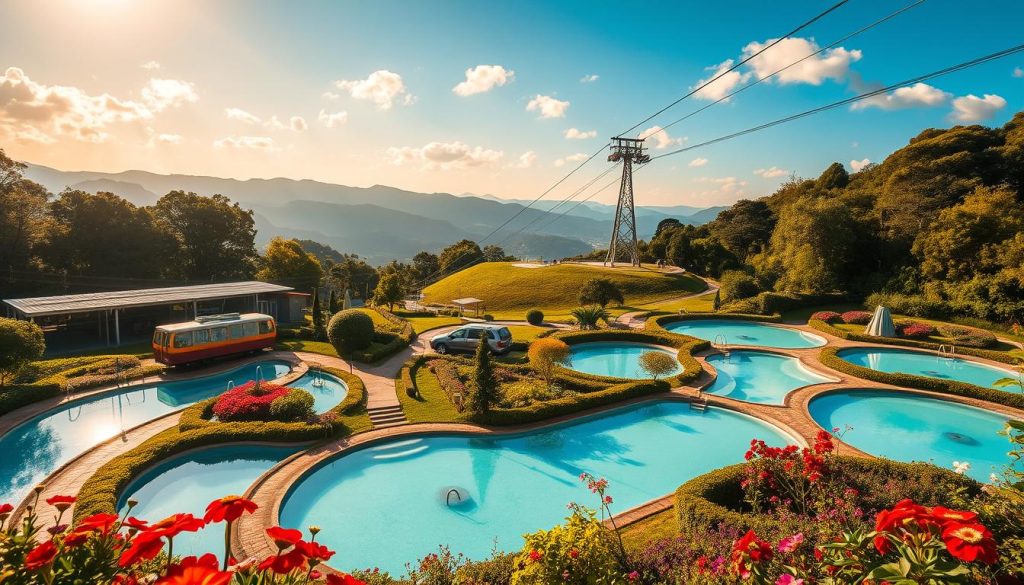 A picturesque view of Poços de Caldas, showcasing its serene thermal waters surrounded by lush greenery. In the foreground, vibrant flowers and organized paths lead to a charming outdoor hot spring resort. The middle ground features the iconic cable car ascending softly to a hilltop with panoramic views. In the background, gentle mountains rise under a clear blue sky, dotted with soft, fluffy clouds. The warm sunlight bathes the scene in a golden hue, enhancing the inviting atmosphere of relaxation and natural beauty. The composition should have a slight perspective distortion to mimic a wide-angle lens, emphasizing the vastness of the landscape and creating an immersive feeling, perfect for illustrating the charm of this unique travel destination.