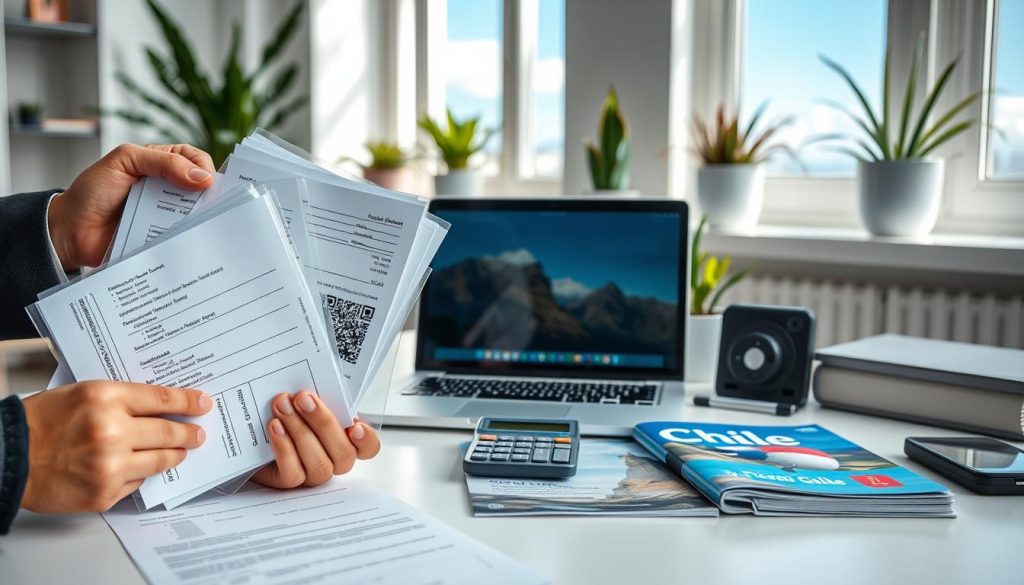 A professional financial advisor's desk, showcasing a neatly organized workspace with documents related to financial proof for travel. In the foreground, a pair of hands (wearing business attire) holds a clear folder containing various financial statements, bank letters, and proof of funds. In the middle, there's an open laptop displaying a calculator app alongside a travel guide to Chile. The background features a bright and welcoming office environment, with a window showing a clear blue sky, and potted plants for a touch of nature. Soft, natural lighting illuminates the scene, creating an atmosphere of professionalism and preparation, evoking a sense of confidence for travelers planning their trip.