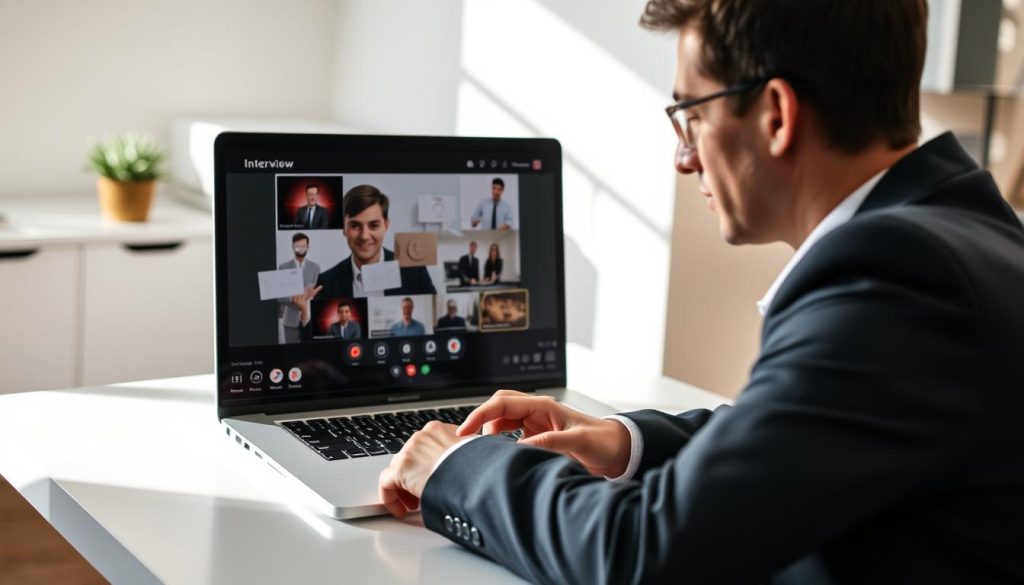 A professional setting for a virtual job interview, showcasing a laptop on a clean desk, with a clear, focused view of the laptop screen displaying a cluttered video call interface. In the foreground, a person is visible, dressed in a smart business suit, looking slightly anxious and rehearsing their answers, conveying a sense of urgency and concern. The background features a well-organized, modern room with soft lighting, enhancing the professional atmosphere. Natural light streams in from a nearby window, casting gentle shadows, while the camera angle captures both the interviewee's expressions and the chaotic screen filled with disheveled notes and distracting tabs. The mood reflects the tension of common mistakes in an online interview scenario, emphasizing the importance of preparation and poise.