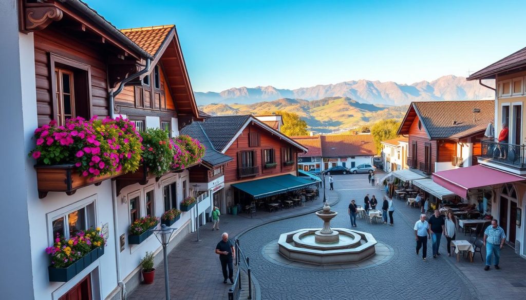 A scenic view of Treze Tílias, Brazil, known as the "Tirol Brasileiro," showcasing its charming Austrian alpine architecture. In the foreground, vibrant flower boxes filled with colorful flowers adorn quaint wooden balconies of traditional houses, while people in modest casual clothing stroll along cobbled streets. The middle ground captures a picturesque square with a decorative fountain and outdoor cafes, inviting visitors to relax. In the background, rolling green hills and distant mountains provide a stunning backdrop, under a warm golden light of late afternoon, enhancing the cozy, welcoming atmosphere. The image should evoke a sense of connection to European culture and history, with clear blue skies overhead.