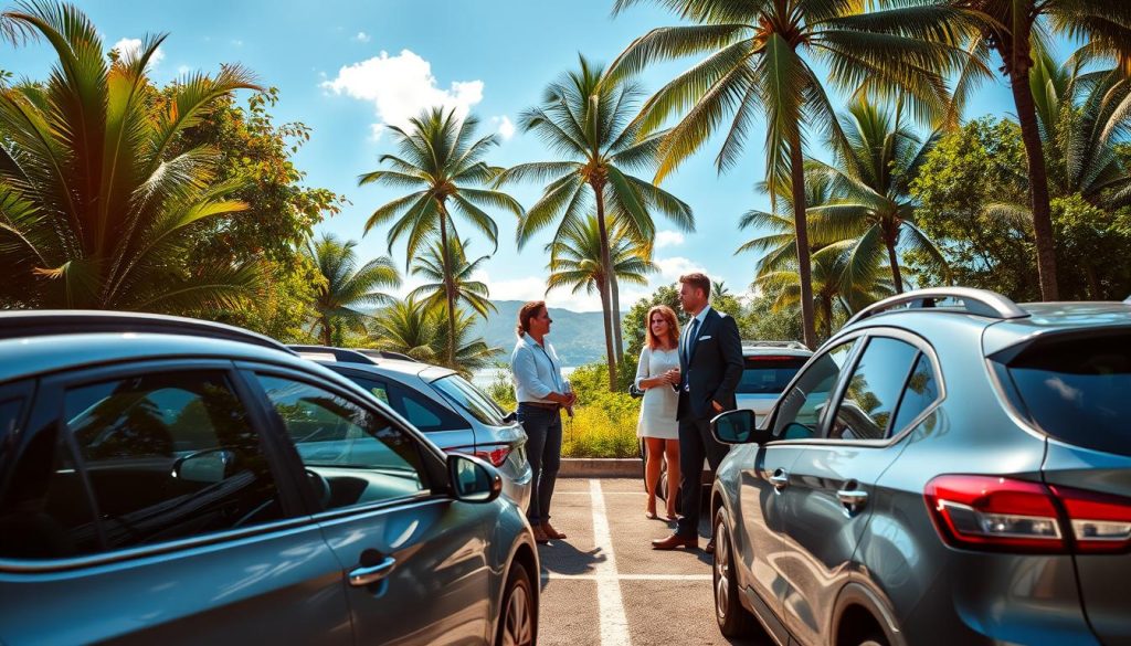 A scenic view of a car rental lot in a vibrant tropical setting of Northeast Brazil. In the foreground, there are a few rental cars parked neatly, showcasing a variety of economical options like compact sedans and SUVs. The middle ground features a friendly, professional rental agent in smart casual attire, assisting a couple discussing their choices with an air of excitement. In the background, lush greenery and palm trees frame the scene, with a clear blue sky and bright sunlight creating a warm, inviting atmosphere. The angle captures the hustle and bustle of travelers planning their adventure, conveying a sense of practicality and adventure. The overall mood is cheerful and optimistic, highlighting the convenience and appeal of renting a car for exploring the region.