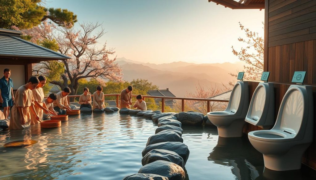 A serene Japanese onsen setting featuring a tranquil outdoor hot spring surrounded by lush greenery and smooth stones, creating a peaceful atmosphere. In the foreground, a diverse group of individuals dressed in modest casual clothing, practicing traditional cleansing rituals, such as washing hands using wooden ladles. In the middle ground, showcase modern, high-tech toilets with sleek designs, demonstrating innovative hygiene features. The background reveals a picturesque view of distant mountains and cherry blossoms gently swaying in the breeze, bathed in warm, soft lighting of a late afternoon sun. The overall mood conveys a harmonious blend of tradition and modernity, emphasizing the importance of hygiene and health in Japanese culture.
