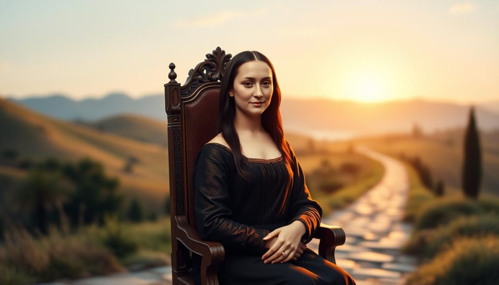 A serene and elegant scene depicting the Mona Lisa in a historical setting, reflecting her mysterious allure. In the foreground, show her sitting gracefully in an ornate wooden chair, wearing her traditional dark dress. Her enigmatic smile is emphasized, and her face is softly lit by warm natural light, enhancing her features. The middle ground includes a blurred, classic Italian landscape with rolling hills and a winding path, adding depth and context to the artwork. The background should subtly showcase a softly painted sky, transitioning from light blue to warm golden hues of a setting sun. The atmosphere is tranquil and contemplative, emphasizing the timeless nature of the painting, with a focus on the model and Leonardo da Vinci’s artistic style. Aim for a gentle depth of field to draw attention to the subject while maintaining an overall harmonious composition.
