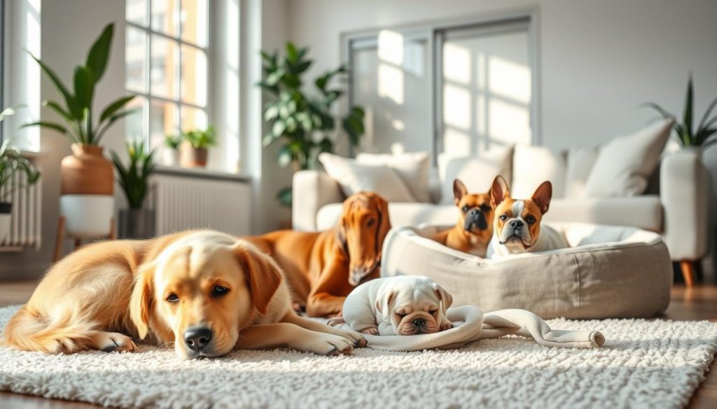 A serene apartment living room setting featuring a selection of calm dog breeds. In the foreground, a gentle Golden Retriever lies peacefully on a plush rug, while a relaxed Basset Hound rests beside it, both embodying tranquility. In the middle ground, a soft light filters through large windows, casting a warm glow on a cute French Bulldog nestled in a cozy dog bed. The background showcases a minimalist decor with houseplants and a comfy sofa, enhancing the comforting atmosphere of the space. The lighting is soft and inviting, creating a homely and peaceful vibe. The overall mood is one of relaxation and harmony, emphasizing that these dog breeds are ideal companions for apartment living.