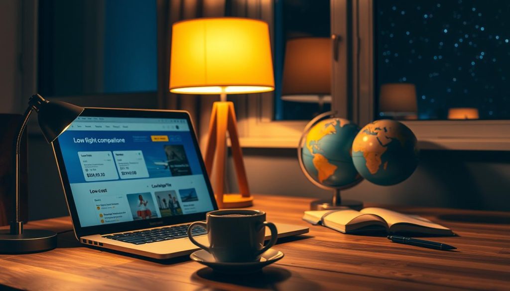 A serene nighttime scene depicting a cozy traveler's workspace illuminated by a warm desk lamp. In the foreground, a laptop is open with a flight comparison website showing low-cost airline tickets. Nearby, a steaming cup of coffee sits on the desk, exuding a sense of comfort. The middle ground features rich textures of a wood desk, alongside travel accessories like a globe, a notebook, and a pen, suggesting planning and exploration. In the background, a window reveals a starry night sky, enhancing the idea of late-night travel planning. The composition is warm and inviting, with soft lighting creating an atmosphere of inspiration and possibility in the pursuit of affordable flights.
