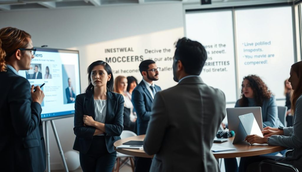 A serene office environment depicting a diverse group of professionals engaged in a discussion, illustrating common triggers of imposter syndrome. In the foreground, a woman in business attire looks thoughtfully at a presentation slide, her expression reflecting self-doubt. Beside her, a man in a suit shares his insights, conveying a supportive atmosphere. In the middle ground, a round table with laptops and papers creates an engaged workspace, while a wall with motivational quotes subtly hints at the pressure to succeed. The background features a large window with soft, natural light illuminating the scene, creating a warm and inviting mood. The overall atmosphere should evoke a sense of introspection and camaraderie among colleagues, capturing the essence of environments that amplify feelings of inadequacy.