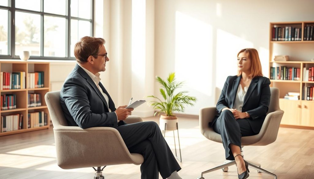 A serene office space with warm, natural lighting filtering through large windows. In the foreground, a professional therapist, dressed in smart casual attire, sits comfortably in a modern chair, holding a notepad and pen, listening attentively to a client. The client, dressed in business attire, appears reflective, with a calm demeanor, conveying a sense of trust and openness. In the middle ground, a small potted plant adds a hint of life, symbolizing growth and healing. The background features soft, neutral tones and shelves filled with books on mental health, accentuating a peaceful and inviting atmosphere. The overall mood is supportive and reassuring, evoking the importance of seeking professional help for mental well-being.