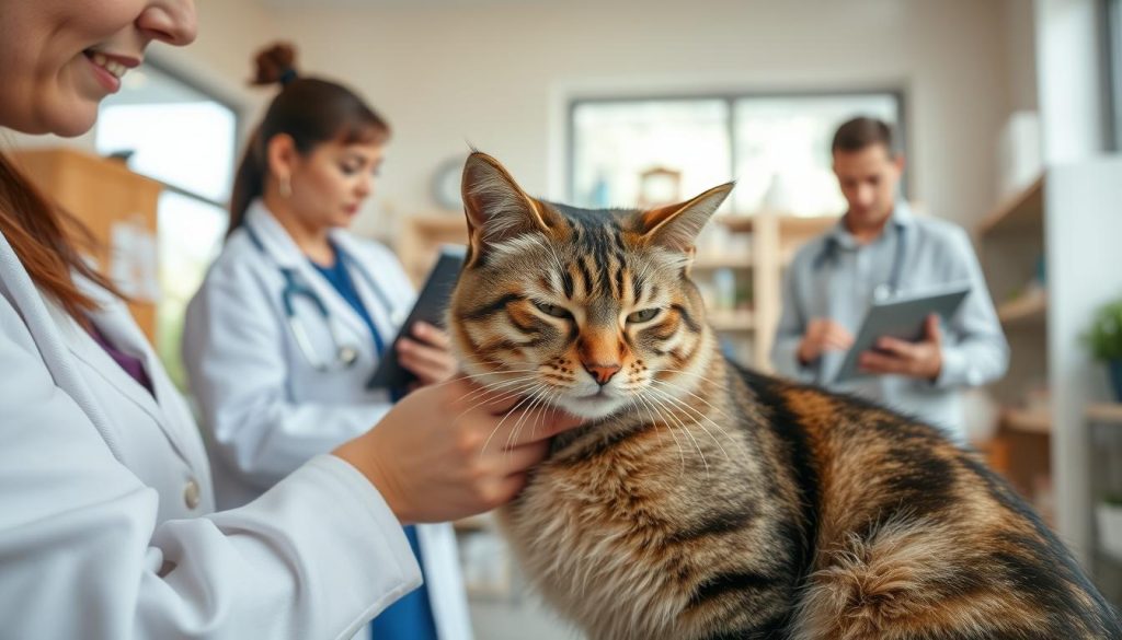 A serene veterinary clinic interior, showcasing a warm and comforting atmosphere. In the foreground, a concerned cat owner gently holds a relaxed tabby cat, demonstrating a healing process. The cat has a small, clear medication tablet next to it, symbolizing the treatment of pain. In the middle ground, a veterinarian, dressed in professional attire, examines another cat with a stethoscope and uses a laptop to discuss treatment options. The background features soothing colors and shelves lined with pet care products, creating an inviting space. Soft, natural lighting filters through large windows, casting a calm glow. The overall mood conveys hope and care for feline pain management.